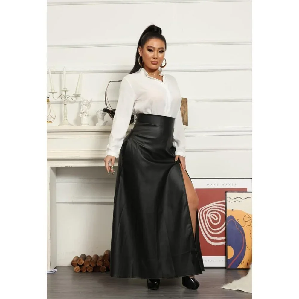 Women Black High Waisted Sexy PU Leather Vintage A-Line Long Skirt Pockets - Picture 5 of 6